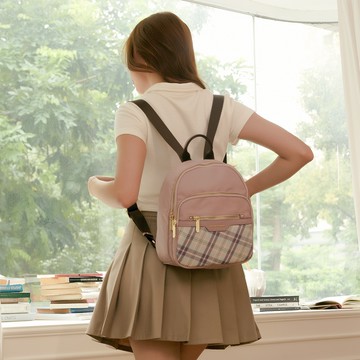 【金安德森】UNIQUE經典格紋 多功能隔層中款後背包-薰光粉