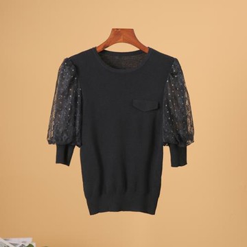 【譯系列】綿羊毛網紗泡泡袖針織上衣       東陽家2024新品春裝