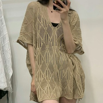 【米蘭精品】現貨+預購 法式五分袖針織衫上衣毛衣寬鬆大碼百搭休閒女裝菱格紋鏤空罩衫女上衣4色74mx72