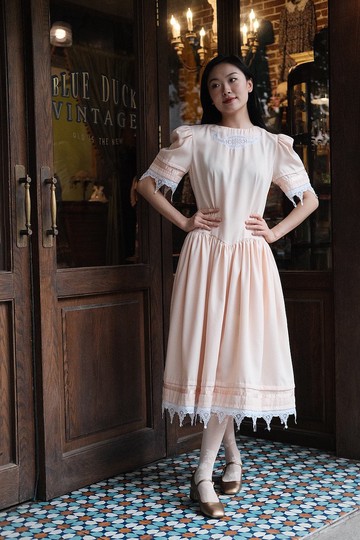 Vintage dress美產橘粉色低腰線蕾絲連衣裙古著洋裝