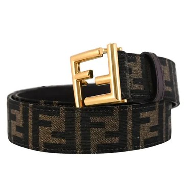 FENDI 8C0649 金屬FF LOGO釦飾織布緹花款皮帶.深咖