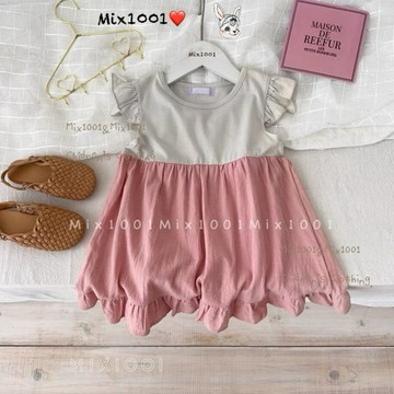 🌈✨mix1001小飛袖撞色洋裝✨兒童純色拼接洋裝 5-17