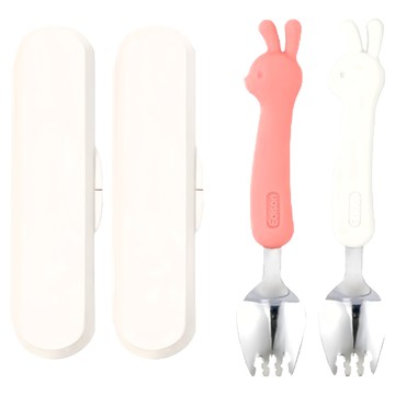 Edison 矽膠柄兒童餐具組 兔子款  兒童湯叉 + 收納盒  粉色+奶油色  1組