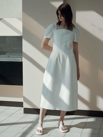 Square Neck Long Flare Dress_White
