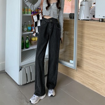 【FOH】美式高街黑色牛仔褲 直筒褲 長褲 顯瘦長褲 牛仔褲 高腰牛仔褲 闊腿牛仔褲 高腰牛仔褲 牛仔褲 遮肉 直筒褲