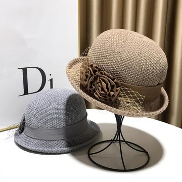 卷邊名媛禮帽女士洋氣網紅短檐花朵盆帽媽媽中老年女帽優雅遮陽帽