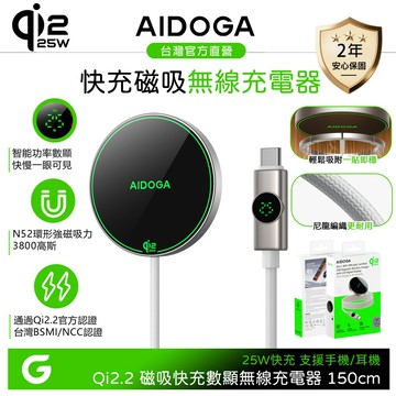 AIDOGA Qi2.2 25W 磁吸快充無線充電器 數顯 MagSafe 1.5M 支援iPhone/安卓/手機/耳機