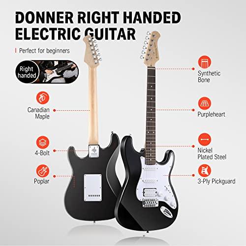 Donner エレキギター 初心者セット STタイプ SSHピックアップ配列 39インチ フルサイズ ポプラ材 ミニアンプ付き ブラック 専用ケ