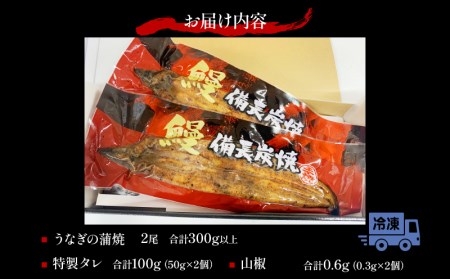 宮崎県産 備長炭蒲焼 うなぎ蒲焼 2尾 セット 合計300g以上 丑の日 蒲焼き うなぎの蒲焼