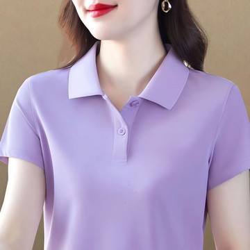 冰絲翻領短袖純色t恤女夏季大碼中年媽媽帶領上衣顯瘦速干polo衫