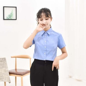 女式純藍短袖襯衫工作服職業裝藍襯衣短袖收腰翻領面試半袖