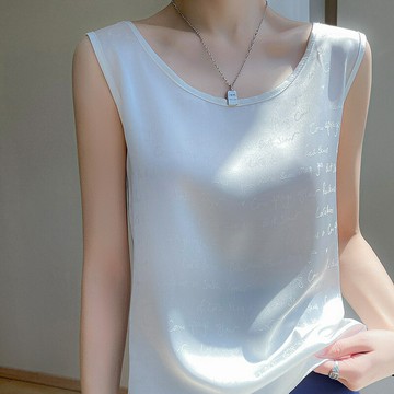 【巴黎精品】現貨+預購 緞面背心法式絲綢絲質無袖馬甲-圓領文字提花寬鬆女上衣a1be34