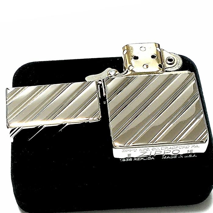 ZIPPO ライター 復刻レプリカ ジッポー プラチナシルバー かっこいい 5面ダイヤカット彫刻 鏡面 角型 3バレル