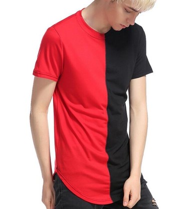 FINDSENSE MD 時尚 男 歐美 長款 陰陽拼接 大碼 休閒 短袖T恤 特色短T