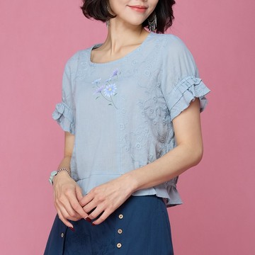 古典美 手繪刺繡荷葉上衣【63069】棉麻/亞麻/中國風/漢服/茶禪服