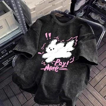 現货 甜酷小白狗 純棉T恤 短袖衣服 水洗做舊 美式復古上衣 oversize T恤 潮流衣服 大碼 夏天衣服 ins風