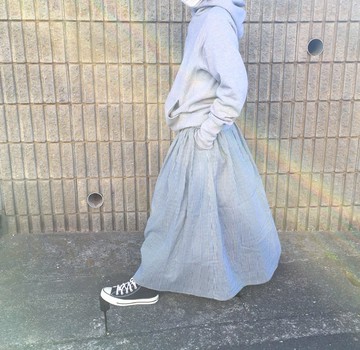 人字紋丹寧風 長裙 雙層紗 條紋 鬆緊帶 空氣感 及踝裙 棉