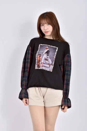 (L) ca ca holic拼布格紋印花珠珠黑色長袖上衣