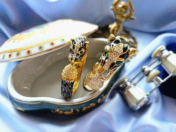 超霸氣黑琺瑯綠眼金豹滿鑽手環/早期珠寶/動物系列/美國西洋古董