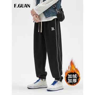 休閑運動褲男士秋冬加絨加厚針織束腳衛褲側邊條紋潮牌寬松長褲子