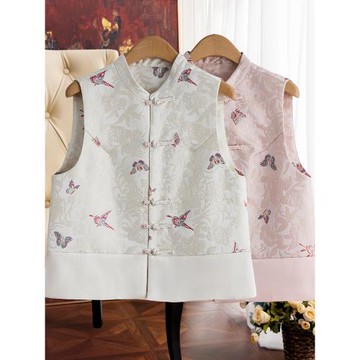 斷碼清倉特價！金絲線蝴蝶刺繡提花馬甲2025春季單排盤扣醋酸背心