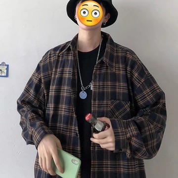 秋季日系復古格子翻領襯衫男 情侶休閒疊穿百搭長袖襯衫外套