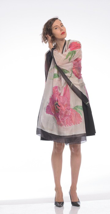 花卉真絲披肩/手繪真絲圍巾-紅寶石牡丹