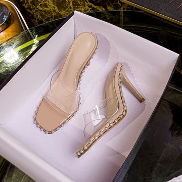 透明水鉆一字拖鞋女2025夏新款網紅方頭細跟外穿涼拖性感高跟涼鞋