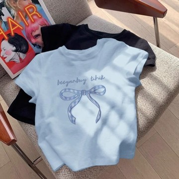 🎀童裝🎀現貨🌈藍正女童純棉短袖T恤2026夏季新款兒童寶上衣圓領百搭蝴蝶結公主