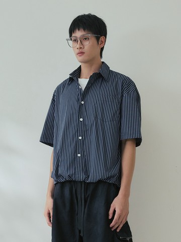 雅痞擺縮口直紋假兩件短襯