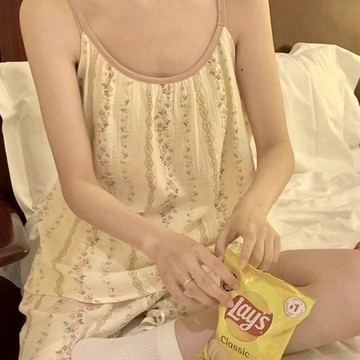 仿棉睡衣 薄款卡通甜美少女睡衣  吊帶寬鬆睡衣 可外穿 家居服 甜美少女 休閒睡衣 短袖短褲 兩件套 睡衣套裝