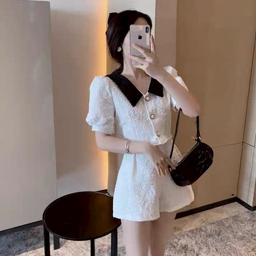 套裝 ✨韓系小香風套裝泡泡袖短版上衣女生闊腿高腰短褲兩件式套裝大碼女裝 80942