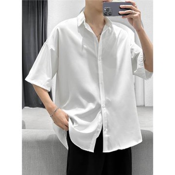 夏季薄款冰絲短袖襯衫男純色百搭休閑潮牌垂感青少年韓版潮流襯衣