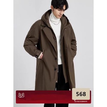 男士假兩件連帽中長款風衣羽絨派克服23冬季新款韓版戶外保暖外套