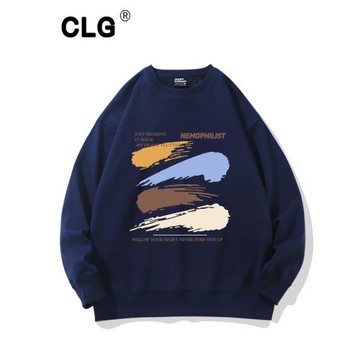 香港潮牌美式涂鴉衛衣男圓領重磅新款秋冬印花百搭藏青色加絨上衣