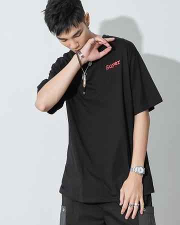 落肩街頭風照片寬鬆TEE ( 黑色 )