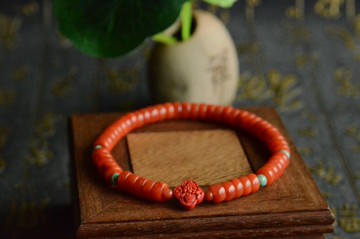 【霞繞】天然涼山南紅滿肉滿色藥片手串手圈精雕蓮花牡丹紋硃砂