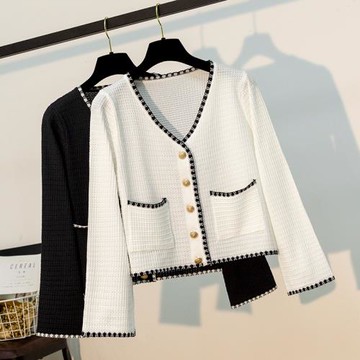 針織開衫女春秋季毛衣短款外搭上衣長袖小香冰絲早秋薄款外穿外套