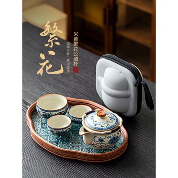唐豐汝窯青花旅行茶具套裝一壺三杯高端旅游便攜式二人新款快客杯