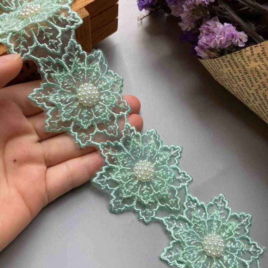 グリーンレーストリム12x5cm 2層ビーズ 花 葉 刺繍生地 パッチワーク 結婚式 ドレス 縫製作業