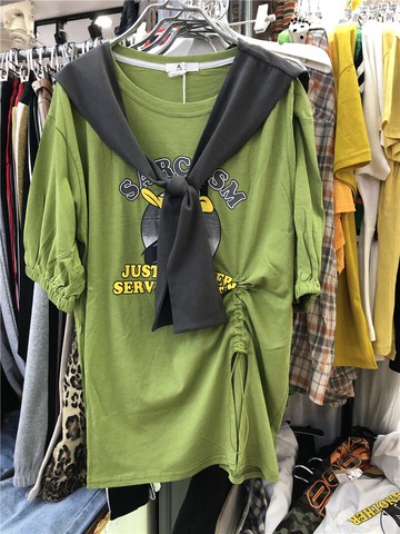 夏新AY寬松圓領字母卡通簡約百搭短袖棉T+披肩兩件套配女53991入