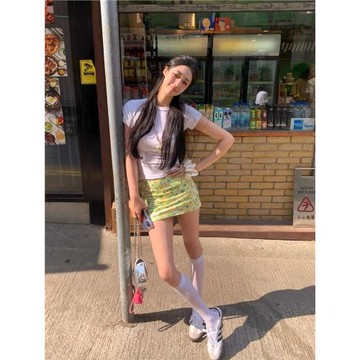 度假風水果印花A字半身裙女夏季新款辣妹高腰顯瘦小個子包臀短裙