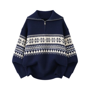 提花高領半拉鍊毛衣男秋冬復古慵懶感百搭休閒針織衫外套男