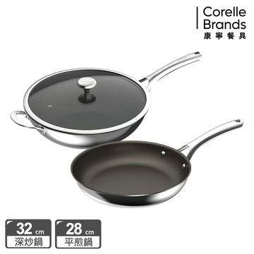 (贈料理夾)【康寧餐具 CORELLE】DuraNano晶奈無塗層不沾不鏽鋼深炒鍋32cm平煎鍋28cm/平煎鍋24cm