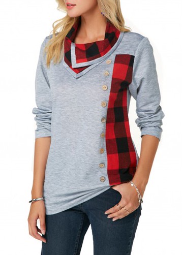 Long Sleeve Plaid Print Button Detail Sweatshirt