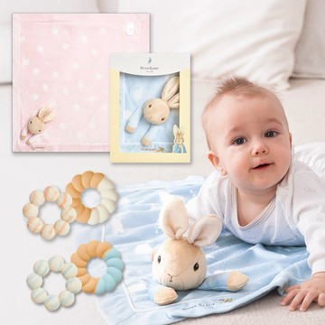 【奇哥】寶寶初見禮．暖心組 比得兔安撫推車蓋毯禮盒+CHIC BASICS甜甜圈咬咬樂固齒器組 2入｜寶寶新生兒禮、滿月禮、彌月禮、嬰兒禮盒、