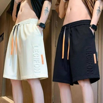 冰絲透氣短褲男士夏季潮牌字母壓花五分休閒褲子男青少年運動中褲 男生涼感短裤 運動短褲 大尺碼短褲 工作短褲 鬆緊短褲 速