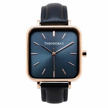 Hebe 簡約方形真皮腕錶 方形湖水綠-真皮黑