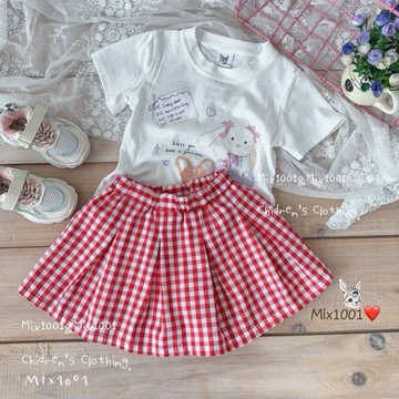 🌈✨mix1001紅白小方格壓褶短裙✨兒童格紋裙 5-17