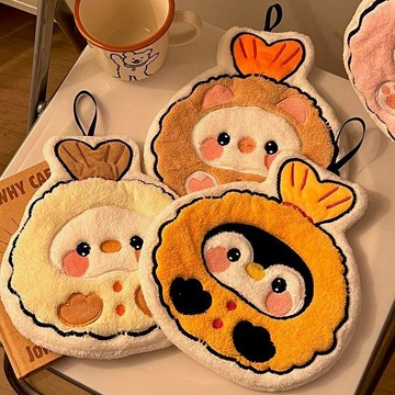 【臺灣發貨】可愛廚房可掛式珊瑚手巾卡通毛巾掛式吸水速幹加厚手帕家用抹布QXE